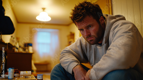 Young man struggling with drug addiction, sitting alone in a dimly lit room