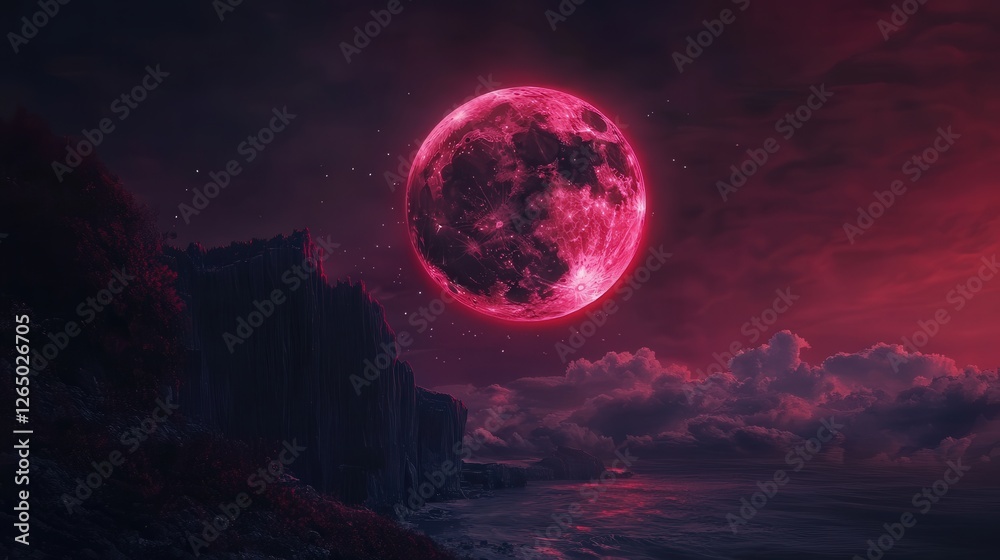 Fototapeta premium blood-red lunar eclipse, with Earth's shadow casting a deep crimson hue over the full Moon, creating an eerie yet captivating celestial sight.