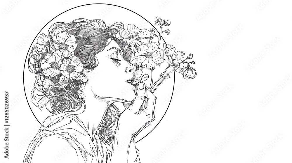 drawing of a girl with flowers in her hair drawing of a girl with flowers in her hair