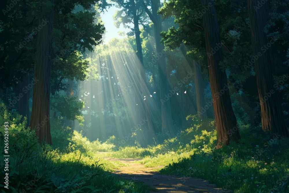 Obraz premium Serene Forest Scene with Sunlight Filtering Through Trees