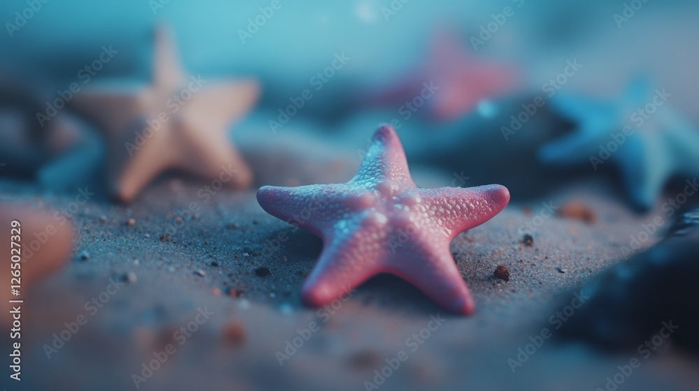 A single pink starfish sits in soft sand, its textured skin highlighted by a gentle undersea glow. A single pink starfish sits in soft sand, its textured skin highlighted by a gentle undersea glow.