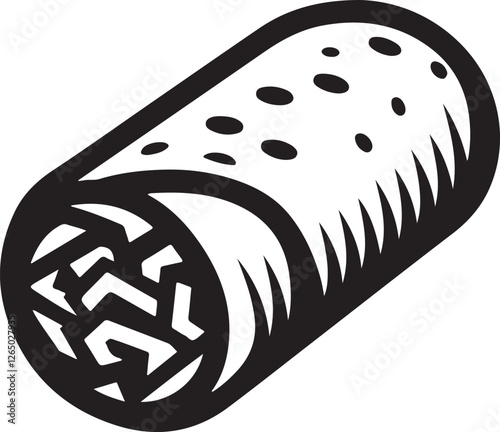 Burrito silhouette vector icon in EPS format. Perfect for Mexican food logos, restaurant branding, menu designs, fast food packaging, and culinary illustrations. Clean and editable.