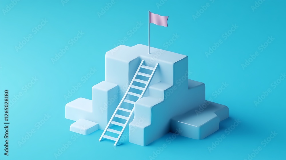Minimalist 3D Block Structure with Ladder and Flag, A minimalist 3D illustration of a blue block structure with a ladder leading to a pink flag on top Minimalist 3D Block Structure with Ladder and Flag, A minimalist 3D illustration of a blue block structure with a ladder leading to a pink flag on top