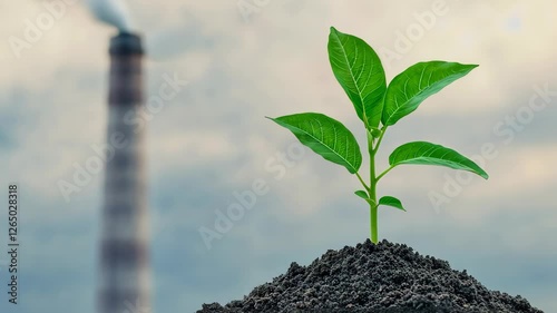 Green Plant Symbolizing Decarbonization and Sustainable Future with Focus on Environmental Responsibility and Climate Change Mitigation in Industrial Background