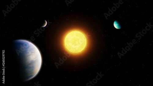 Earth-like planets orbiting a star. Extrasolar planetary system in space. Rocky exoplanets with a star.