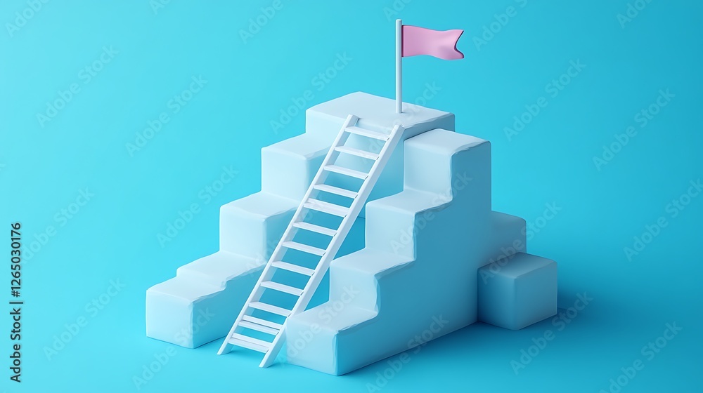 Minimalist 3D Block Structure with Ladder and Flag, A minimalist 3D illustration of a blue block structure with a ladder leading to a pink flag on top Minimalist 3D Block Structure with Ladder and Flag, A minimalist 3D illustration of a blue block structure with a ladder leading to a pink flag on top
