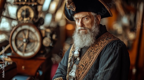 A wise captain stands proudly at the helm showcasing a rich maritime heritage. His impressive beard and adorned attire tell stories of adventure and leadership. Generative AI photo