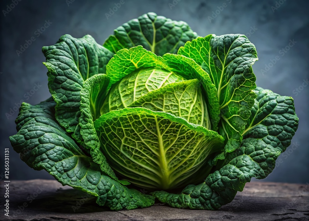 Fototapeta premium Minimalist Abstract Cabbage: Green Leaves on Gray Background - Stock Photo