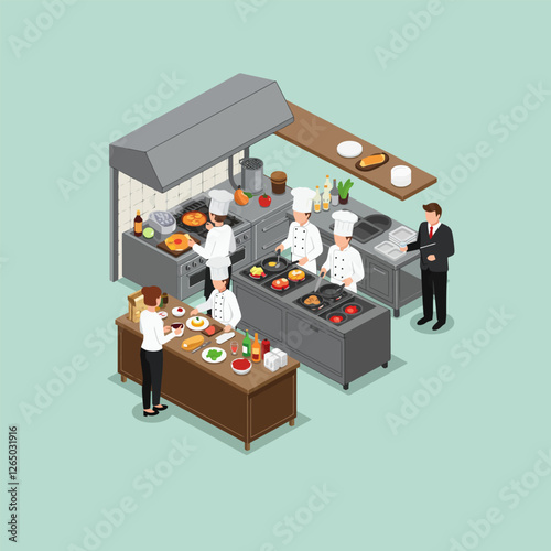 Isometric Restaurant Kitchen Scene with Chefs Preparing Food and Manager
