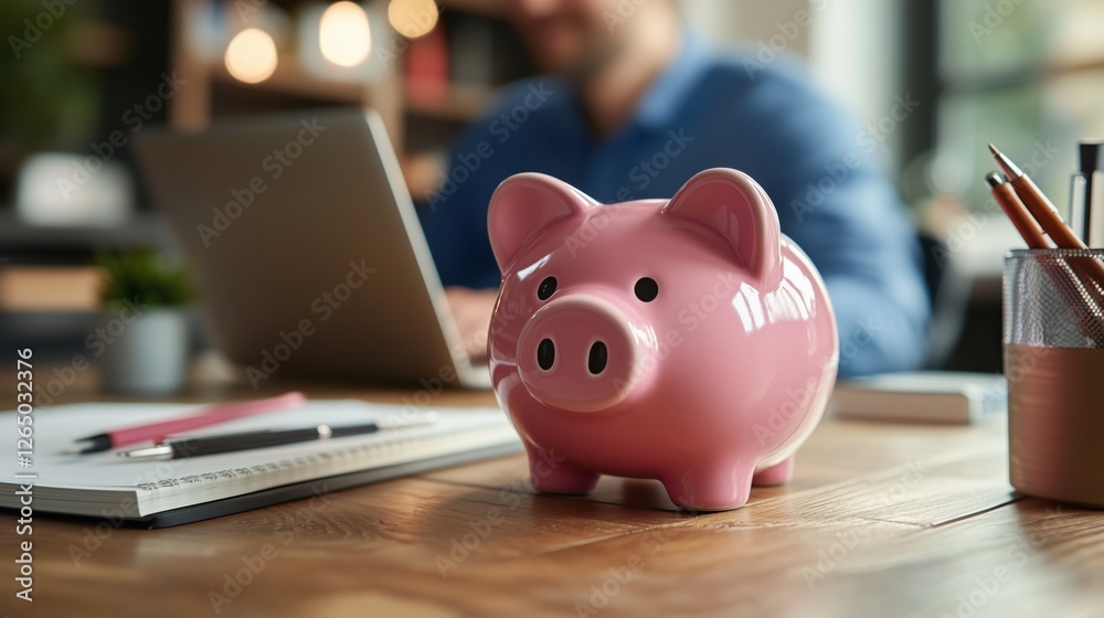 Pink Piggy Bank on Wooden Desk with Blurred Background of Business Professional Working on Laptop and Stationery Items in Modern Office Environment Pink Piggy Bank on Wooden Desk with Blurred Background of Business Professional Working on Laptop and Stationery Items in Modern Office Environment