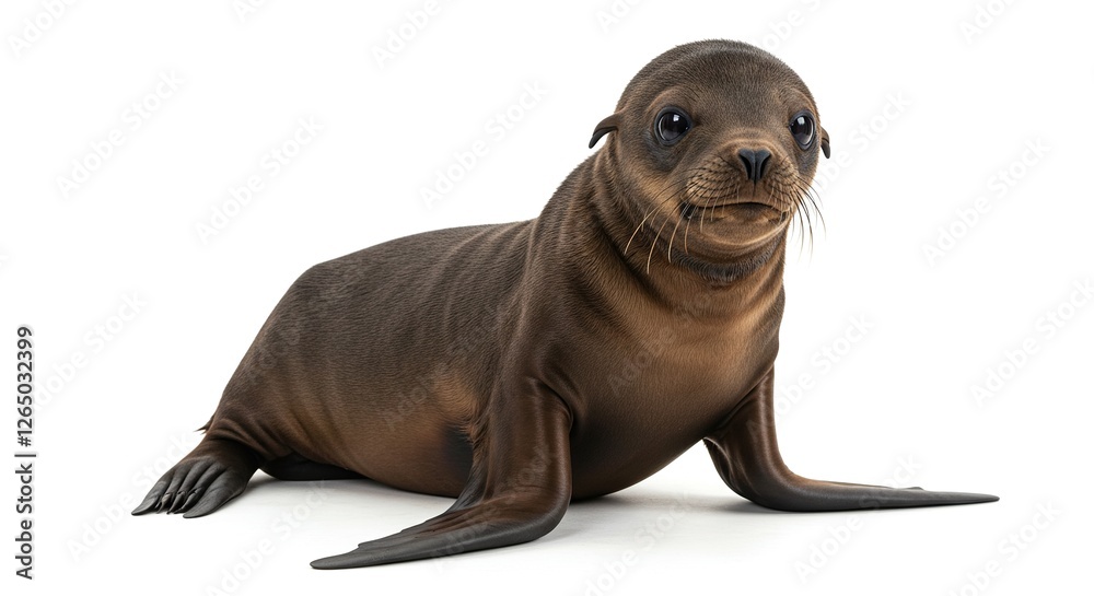 Obraz premium Adorable Sea Lion Pup Sitting - Cute Baby Marine Mammal Isolated on White Background Studio Shot.
