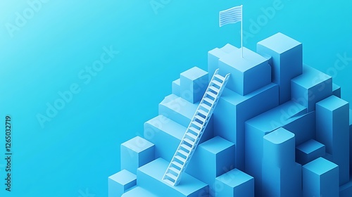 Minimalist 3D Block Structure with Ladder and Flag, A minimalist 3D illustration of a blue block structure with a ladder leading to a pink flag on top