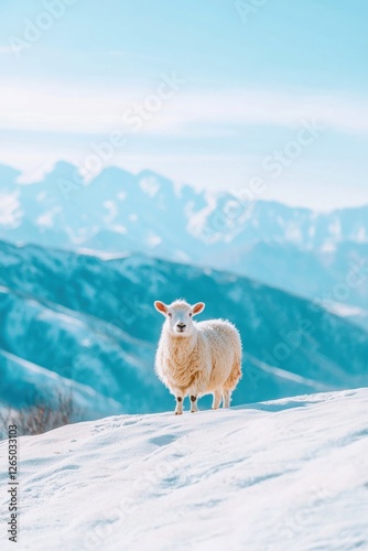 Majestic Fluffy White Yak Standing on Snowy Landscape Against Mountain View photo