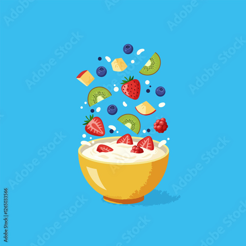 Fruits Falling Into Bowl of Yogurt Tasty Breakfast or Healthy Snack