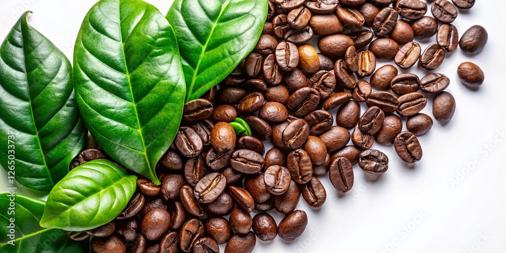 Obraz premium Minimalist Coffee Beans and Green Leaves on White Background - Perfect for Coffee Shop Branding