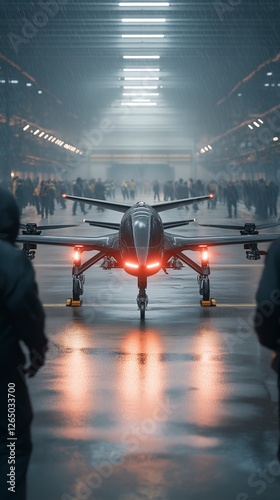High-tech aircraft prepares for twilight launch in crowded facility buzzing with anticipation and energy from onlookers. Generative AI