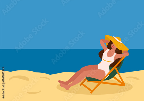 Young woman in swimsuit and straw hat sunbathing on beach, sitting by sea in deck chair - vector color flat illustration for banners, postcards, posters, flyers