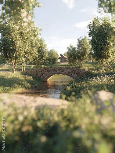 The ancient bridge and willow trees under the sunset glow