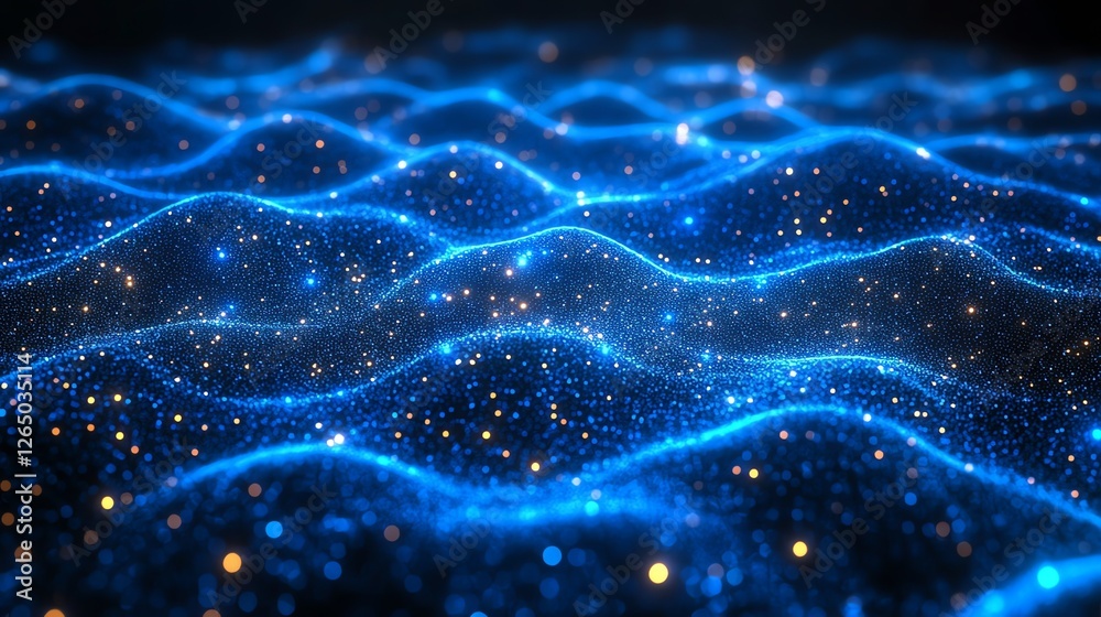 Abstract Blue Glowing Particle Wave Background 3d dark gold flow light