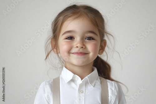 Little fashionista in classic white shirt and suspenders smiles at camera photo