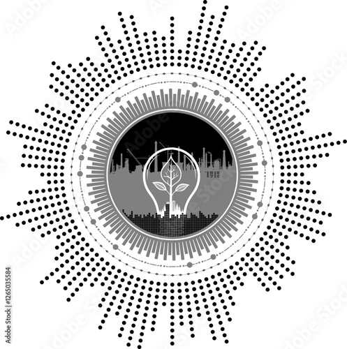 Nachhaltigkeit - Vektor Grafik Silhouette Prozess Anlage Industrie - Kreislauf Auswertung und Analyse von digitalen Daten in Diagrammen - Design Element