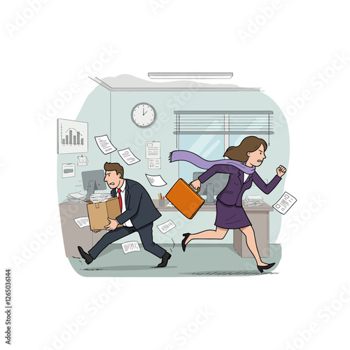 Business Professionals Running From Office Chaos with Scattered Papers and Urgency