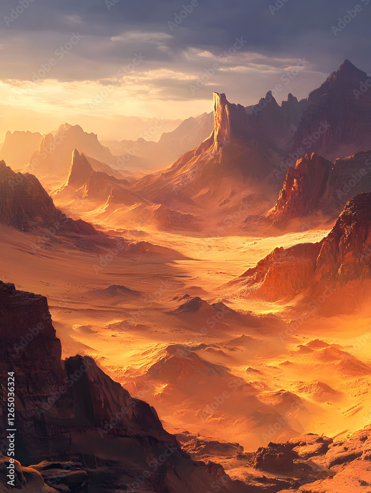 Naklejka premium Golden Hour in the Desert: A Breathtaking Panorama of Majestic Mountains and Vast Sands
