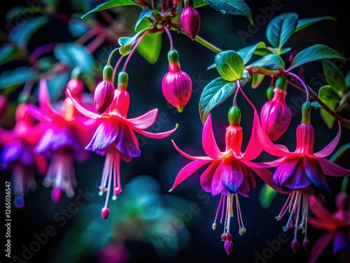 Magellanica's nocturnal beauty:  a close-up revealing dark pink flowers under dim light. photo