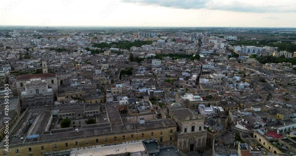 View Of Historic City With Dense Structures During Sunset In Lecce, Italy. Aerial Drone Shot