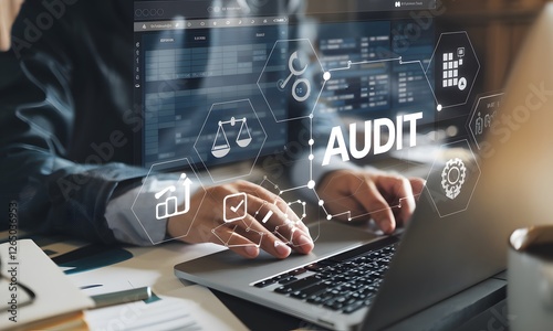 Financial Audit Process Online Digital Technology Business Data Analysis Modern Laptop Screen Corporate Workplace Professional Auditor Checking Report Information Technology Secure System Data        