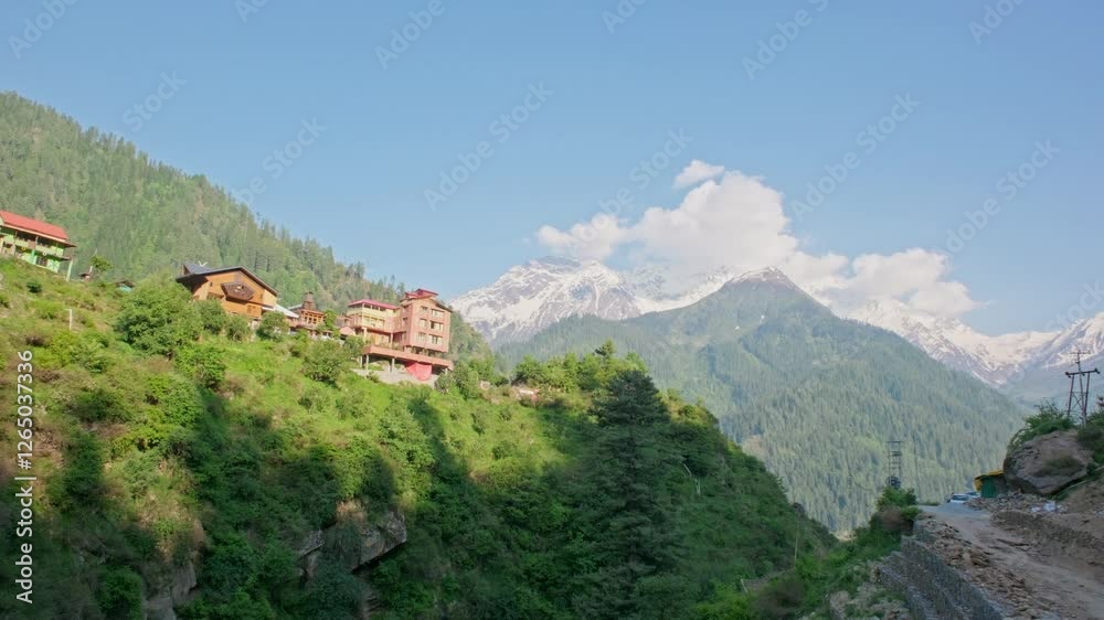 custom made wallpaper toronto digitalMountain range, hiking trails, Himalayas.View of the alpine hut in the mountain range in Himachal Prades.