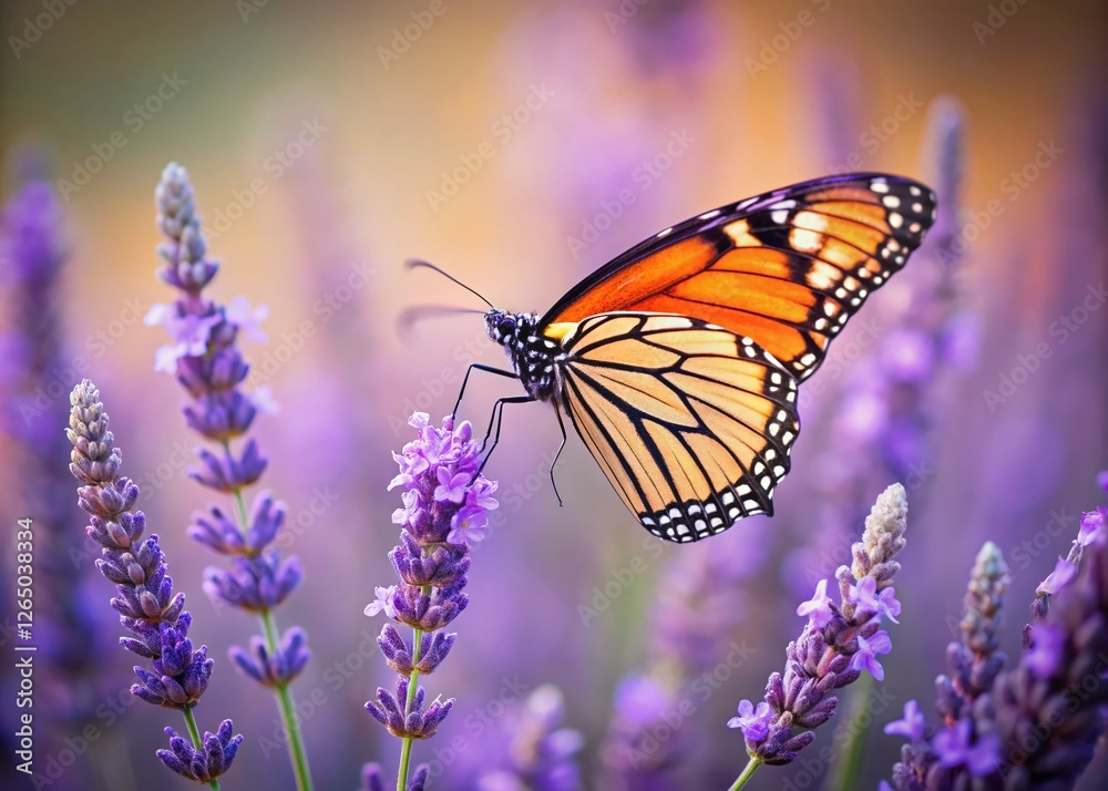 Minimalist Lavender Butterfly: Delicate Purple Blooms and Monarch Minimalist Lavender Butterfly: Delicate Purple Blooms and Monarch