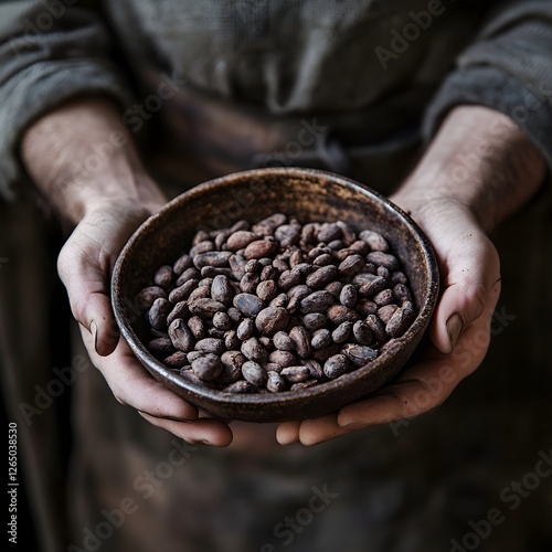 a person's hands carefully holding a dark brown bowl filled with cocoa beans.
