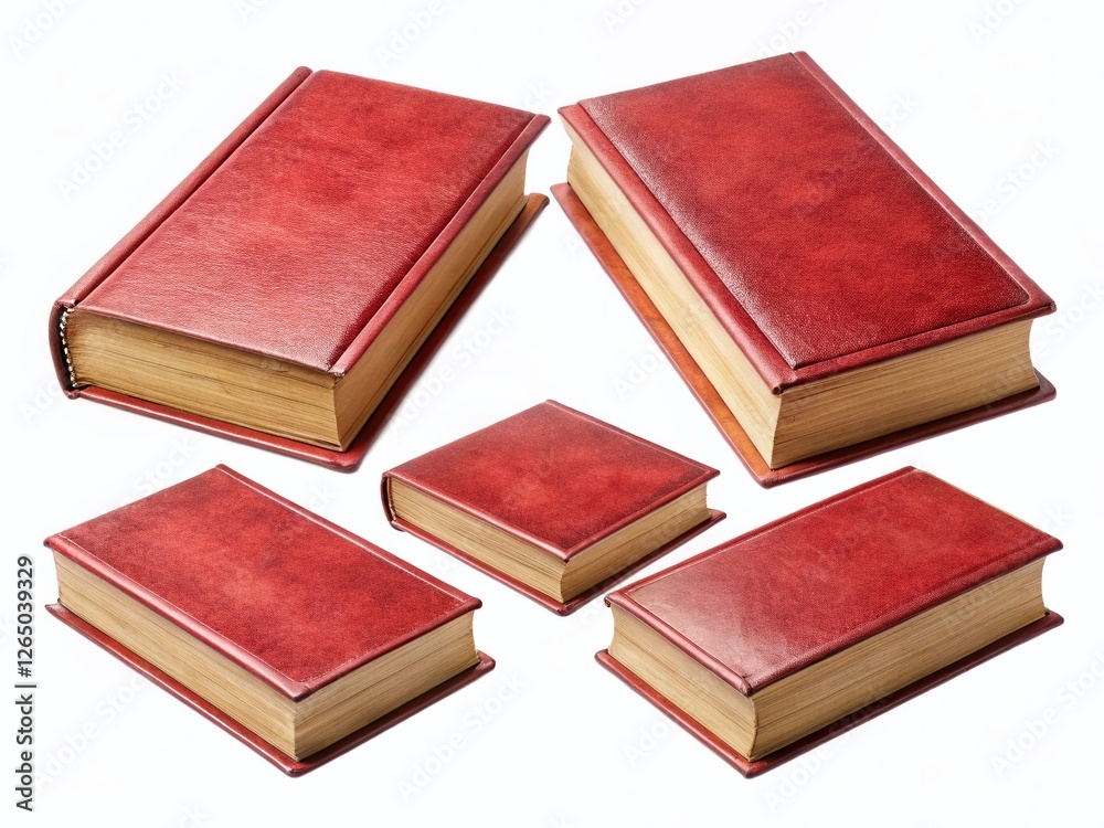 Minimalist Mockup: Four Antique Books, Blank Red Cover, Isometric & Front Views - Volume 2 Minimalist Mockup: Four Antique Books, Blank Red Cover, Isometric & Front Views - Volume 2