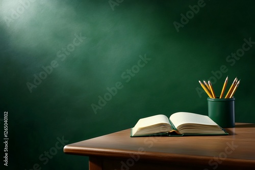 Open book on table, pencils on green board; education, writing, learning background