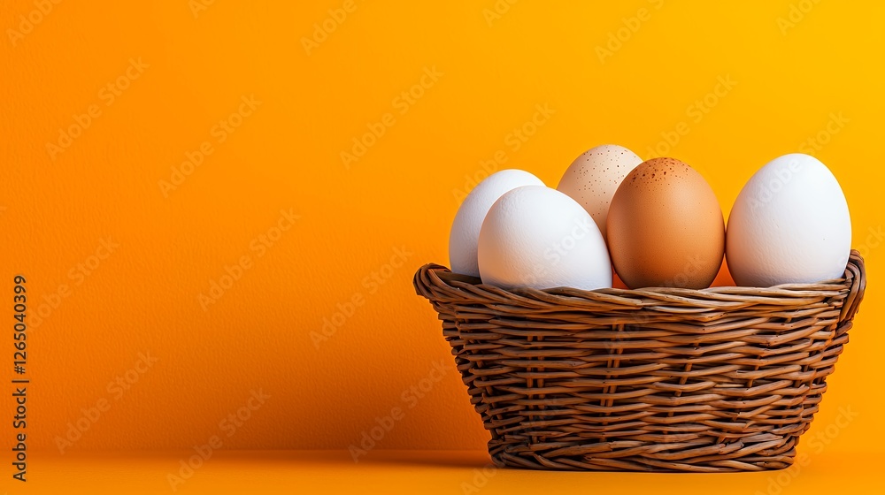 Assorted Eggs In Wicker Basket On Orange Background Assorted Eggs In Wicker Basket On Orange Background