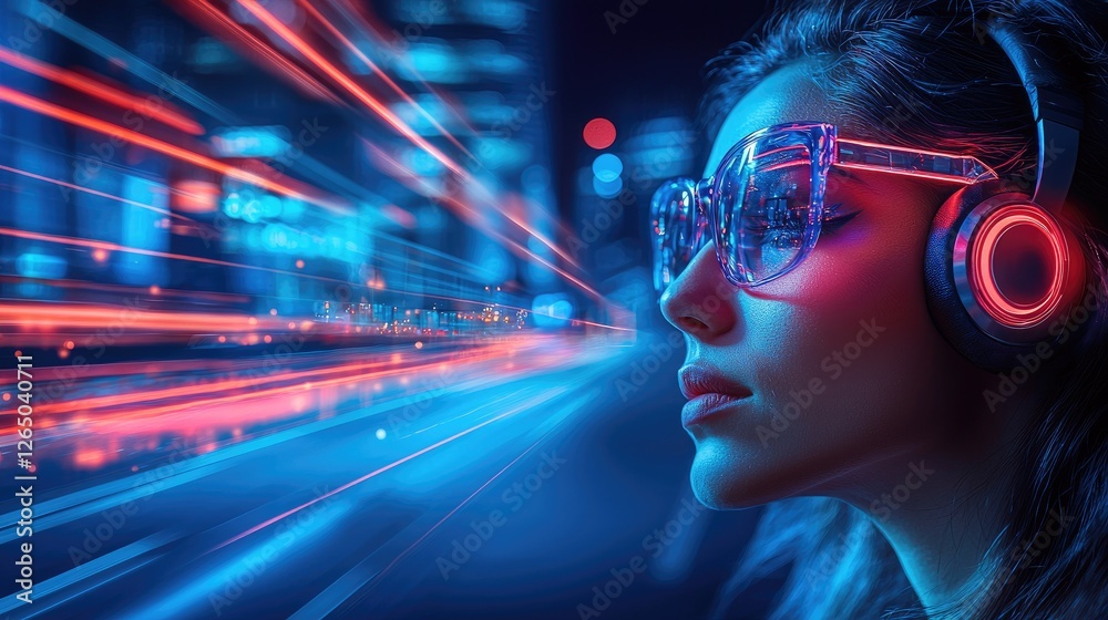custom made wallpaper toronto digitalA woman with headphones and glasses stands against a vibrant cityscape, immersed in music.