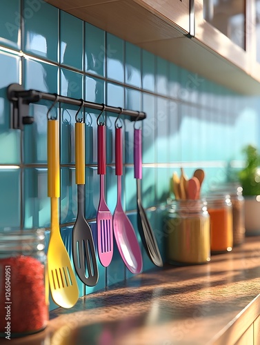 Colorful kitchen utensils and neat seasoning jars hanging on the wall