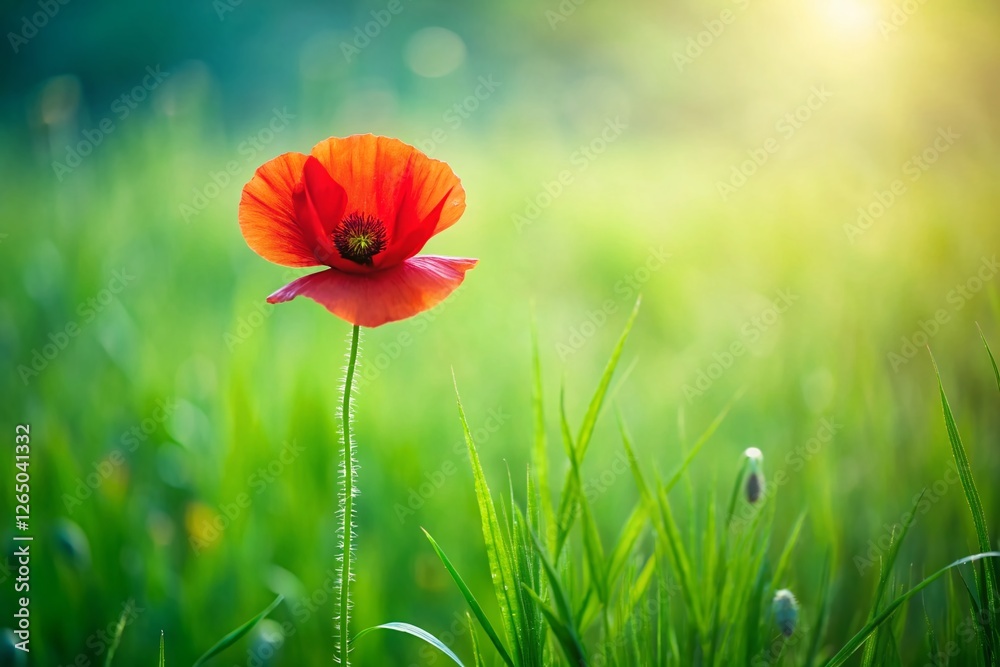 Naklejka premium Minimalist Poppy Field: Single Red Poppy in Green Grass