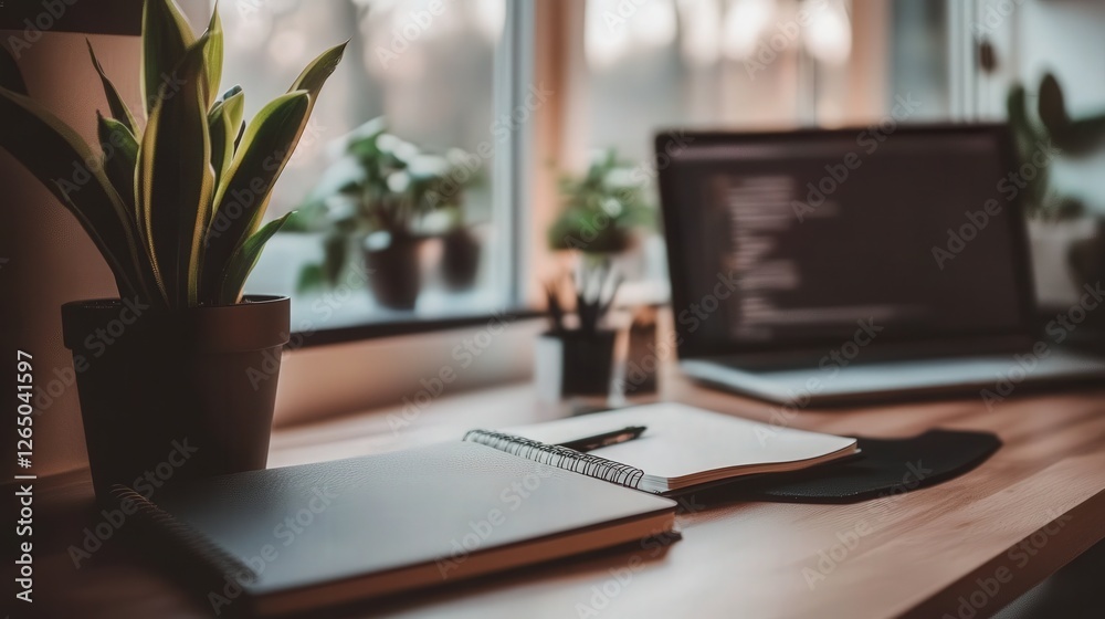 minimalist design featuring a well-organized workspace with a computer, potted plant, and open notebook minimalist design featuring a well-organized workspace with a computer, potted plant, and open notebook