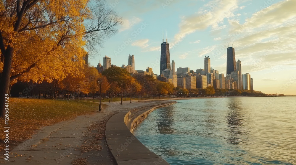 Fototapeta premium Autumnal Chicago Skyline: A Lakeside Panorama at Sunrise or Sunset