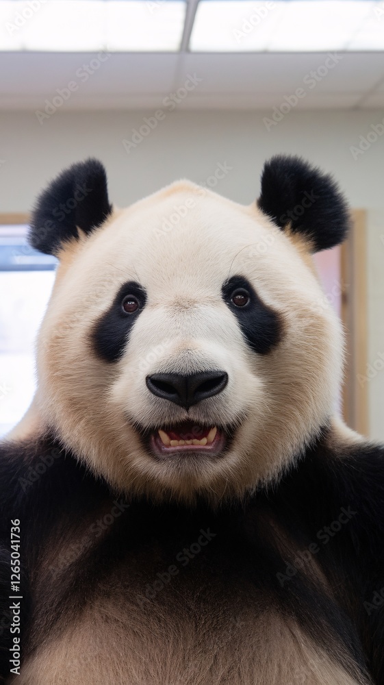 Obraz premium A close-up of a smiling giant panda, showcasing its distinctive black and white fur patterns.