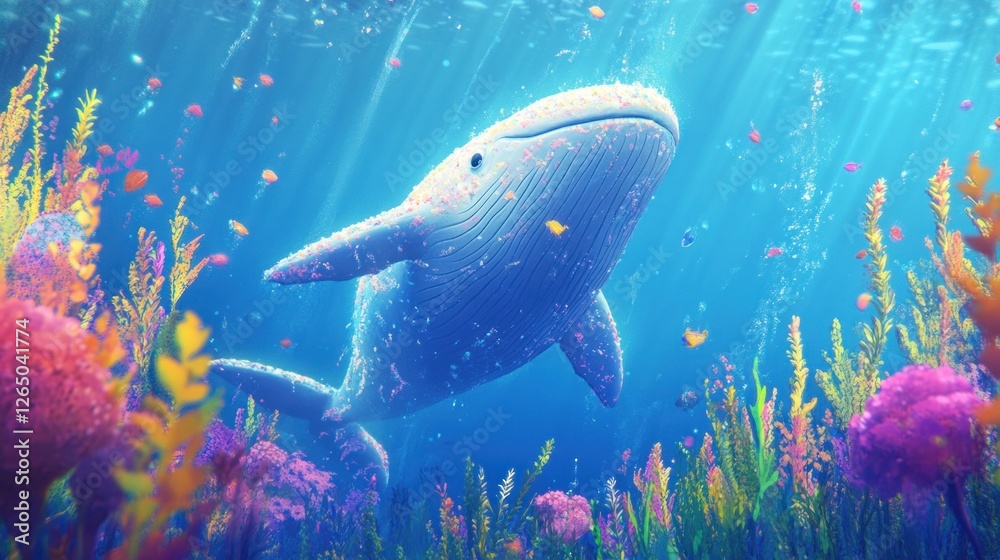 Fototapeta premium Whale's Underwater Journey: A Colorful Symphony of Ocean Life and Light