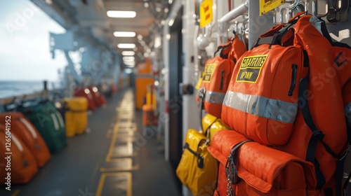 Safety equipment and life jackets arranged neatly in an industrial offshore rig, showcasing essential safety measures in marine environments for workers and crews