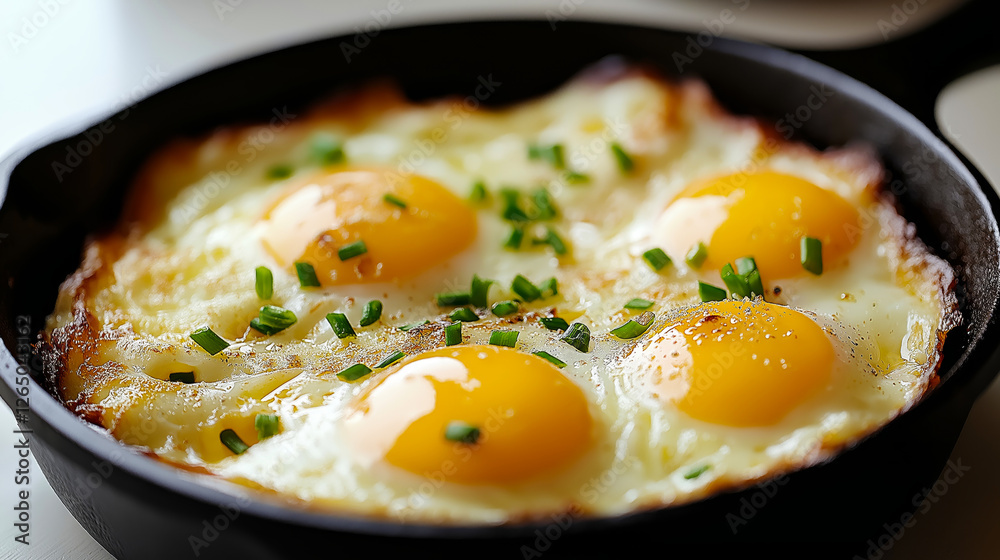 Four eggs sunny side up are cooking in a cast iron pan, seasoned with chives and pepper Four eggs sunny side up are cooking in a cast iron pan, seasoned with chives and pepper