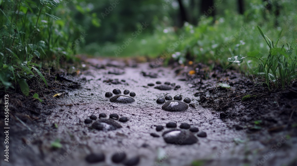Imprinted paw prints mark a muddy forest path, each step a whispered story of the unseen creatures that roam this tranquil, verdant sanctuary. Imprinted paw prints mark a muddy forest path, each step a whispered story of the unseen creatures that roam this tranquil, verdant sanctuary.