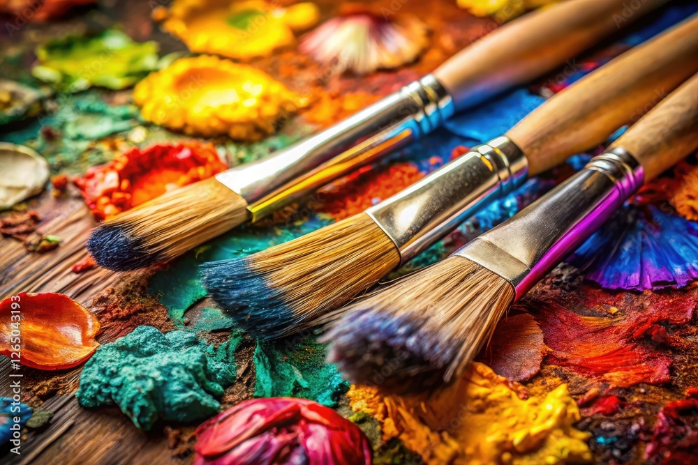 Fototapeta premium Rule of thirds perfectly frames a colorful palette and paintbrushes, a still life celebrating artistic expression.
