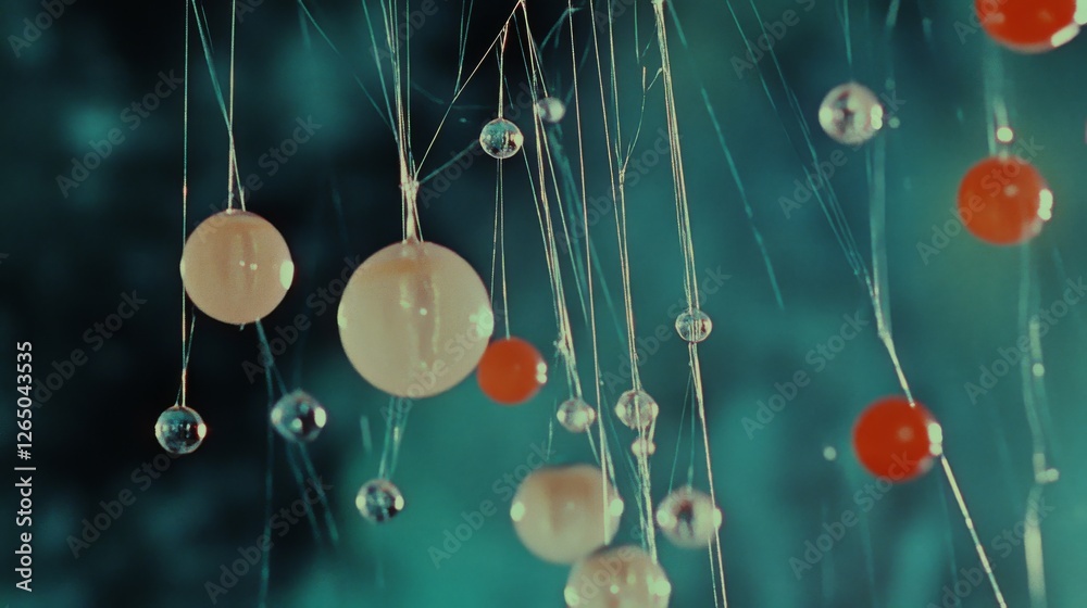 Obraz premium Suspended spheres and strings blend mysteriously, creating a floating dance of colors and reflections that captivates with its depth and perspective.