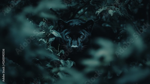 Hidden in lush foliage, a stealthy panther gazes intently, its eyes striking against the dark leaves, embodying the mystery and allure of the wild.