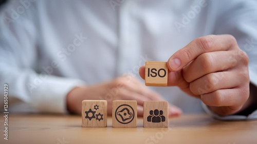 ISO Certification Standard Business Process Quality Management Teamwork Wooden Blocks Concept Professional Corporate Strategy Improvement Efficient Workflow Reliable System Successful Growth Essential